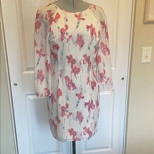 Reiss White and Pink Floral Long Sleeve Silk Dress (10)